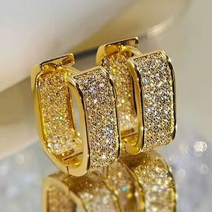 Gold Plated Zircon Diamond Pave Square Hoop Minimalist Earrings